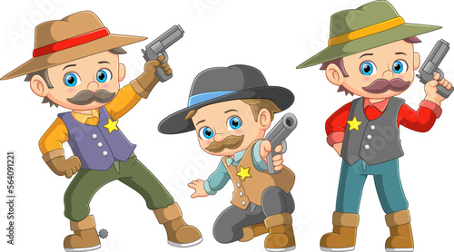 Three identical twin cowboys posing with gun