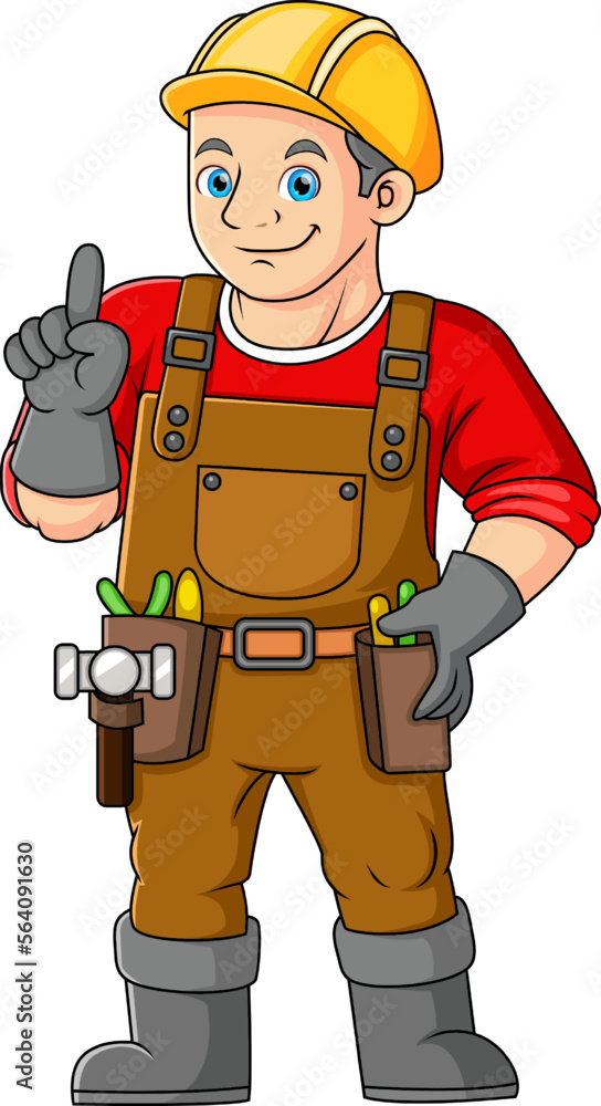 Fototapeta premium A man working as a construction worker is posing giving a thumbs up