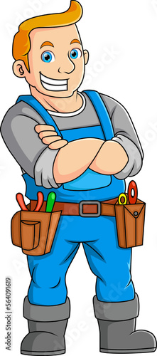 A dashing man posing funny with a electrician uniform