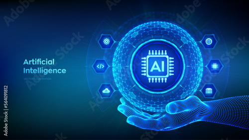 AI. Artificial Intelligence in the shape of sphere with hexagon grid pattern in wireframe hand. Machine Learning Concept. Big data. Neural networks. AI and virtual technology. Vector illustration.