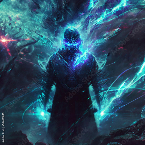The dark silhouette is enveloped in blue flames. High quality illustration © NeuroSky