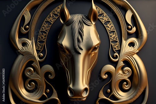 Surreal illustration in art deco style of a horse. Gold edges and frontal view with ornaments. Symmetric design. Generative AI.