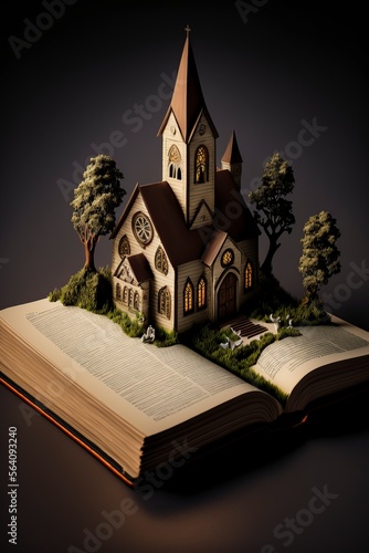 illustration of a miniature church with an open bible in the background. generative AI