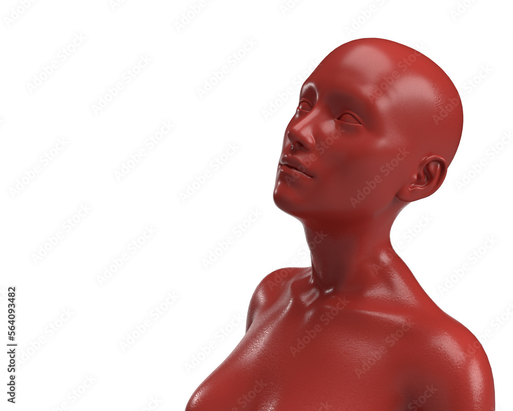 3D rendering of a portrait of a red matte bald woman on a white background. 3D rendering of a portrait of a red matte bald woman on a white background.