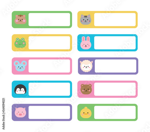 A collection of cute name label designs with animal character concepts. Squirrel, cat, frog, rabbit, mouse, penguin, bear, pig, duck illustrations. Can be used in schools, kindergartens.