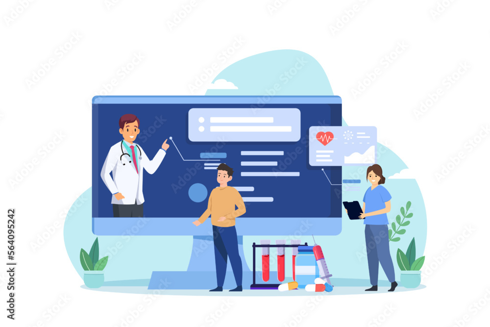 Online medicine home health care and life insurance concept. Doctor and mobile online medical exam. Healthcare consultation telemedicine service. Vector illustration