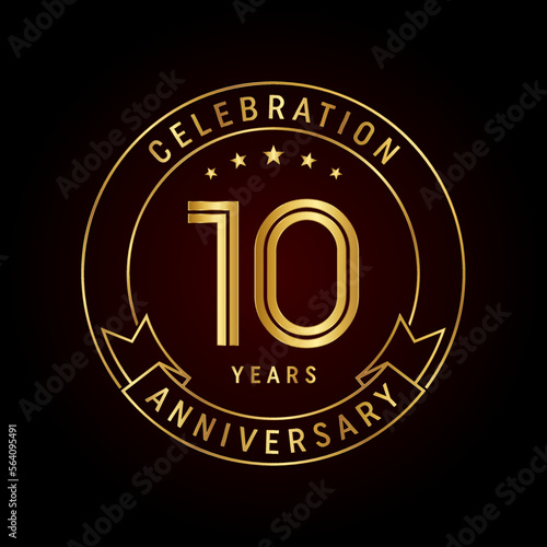 10th anniversary template design concept with golden ribbon for anniversary celebration event. Logo Vector Template