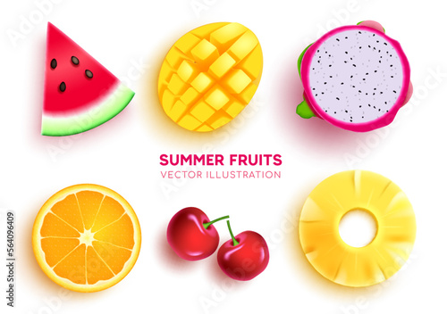 Summer fruits vector set design. Summer tropical fruit watermelon, mango, lemon, and pineapple isolated elements. Vector illustration fruits collection background. 