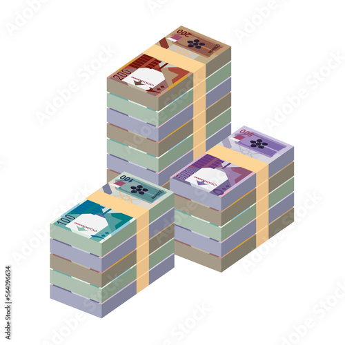 Qatari Rial Vector Illustration. Qatar money set bundle banknotes. Paper money 100, 200, 500 QAR. Flat style. Isolated on white background. Simple minimal design.