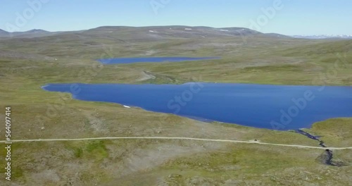 Aerial view of fell landscape at lake Guolasjavri reservoir in summer, Birtavarre, Troms og Finnmark, Norway. photo