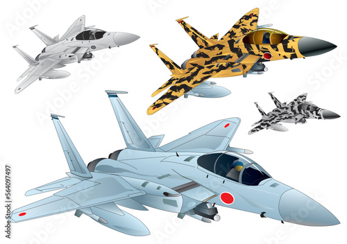 Japanese jet fighter aircraft F-15 flying illustration (Normal and black and orange camouflage. (vector. eps. png. jpeg)	