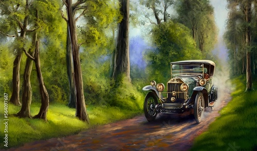 Old car in the forest. Oil paintings landscape, movement of a vintage car on a road in the forest, sunny day.