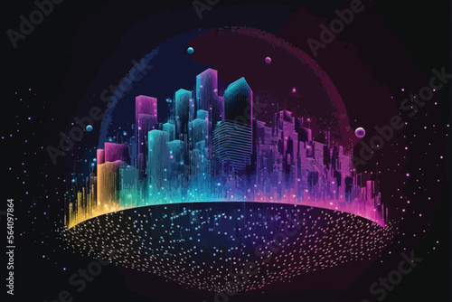 Abstract futuristic city background with particles and lights. Vector illustration.