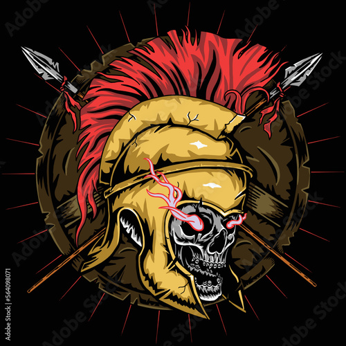 Skull Spartan Warrior Head with Spear and Shield Vector Illustration