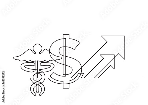 continuous line drawing vector illustration with FULLY EDITABLE STROKE of logo design medical symbol caduceus and dollar growing cost arrows