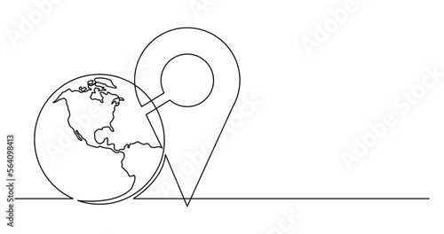 continuous line drawing vector illustration with FULLY EDITABLE STROKE of of world planet with location icon