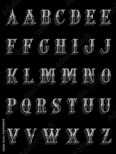 Handcrafted vector set of beveled capital letters with median spurs, inspired by nineteenth century stocks and bank notes.