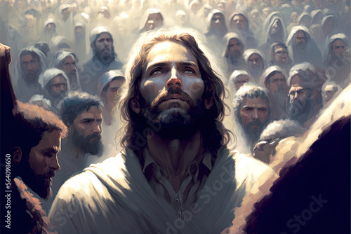 Foto Realistic painting portraying Jesus praying to God as intercessor for believers,