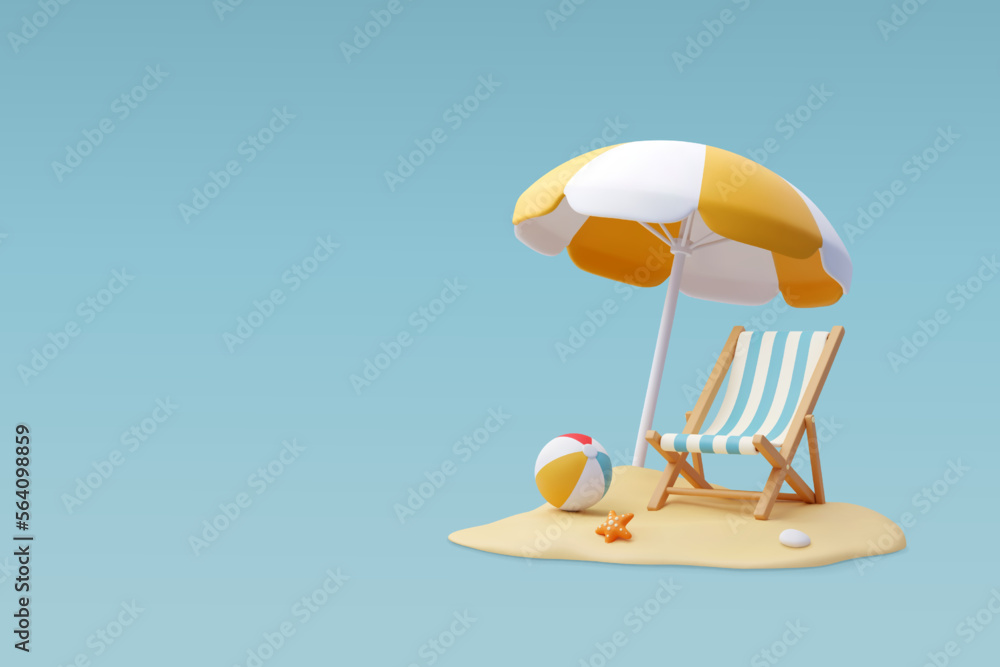 3d Vector Beach Chair, Yellow Umbrella and Ball, Summer holiday, Time to travel concept. - obrazy, fototapety, plakaty 