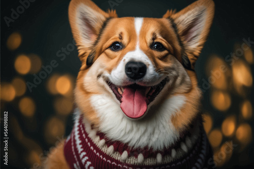 Cute welsh corgi dog in a warm sweater on dark background
