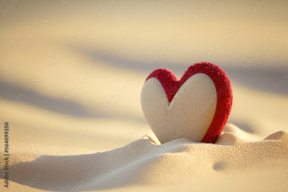 Heart.on sand at summer beach background with blue sky. Valentine concept generative ai. Heart.on sand at summer beach background with blue sky. Valentine concept generative ai.
