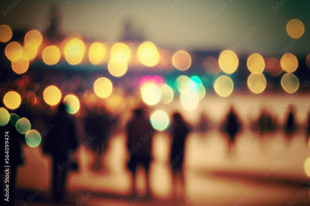 Blur evening beach with beautiful bokeh with people background. generative ai.