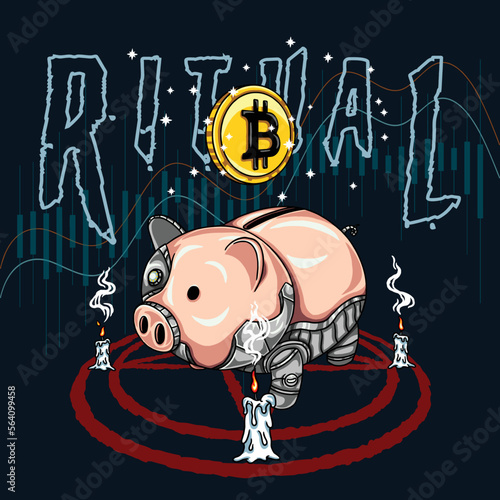 Ritual of Saving Cryptocurrency in a Cyborg Piggy Bank Vector Illustration