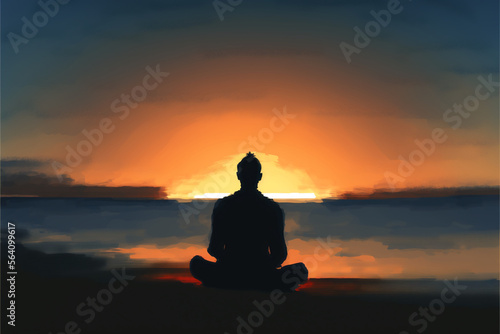 Minimalistic digital image of a person meditating in a natural setting. Generative AI