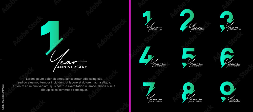 set of anniversary logo style purple and green color on black background for special moment - obrazy, fototapety, plakaty 