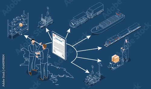 3D isometric Global logistics solutions concept with Smart Logistics, Business logistics, Warehouse Logistic, Online delivery, Export and Import. Vector illustration sps10