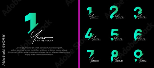 set of anniversary logo style purple and green color on black background for special moment