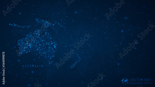 Map of Australia Continent modern design with polygonal shapes on dark blue background. Business wireframe mesh spheres from flying debris. Blue structure style vector illustration concept