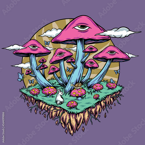 Floating Islands Grow Mushrooms Vector Illustration