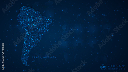 Map of South America Continent modern design with polygonal shapes on dark blue background. Business wireframe mesh spheres from flying debris. Blue structure style vector illustration concept