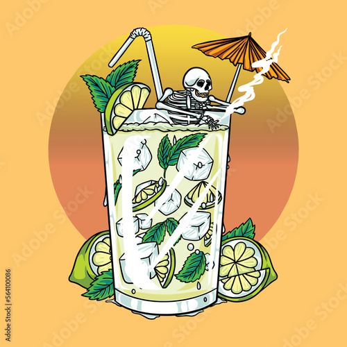 Skeleton Relaxing in a Glass with Sunset View Vector Illustration