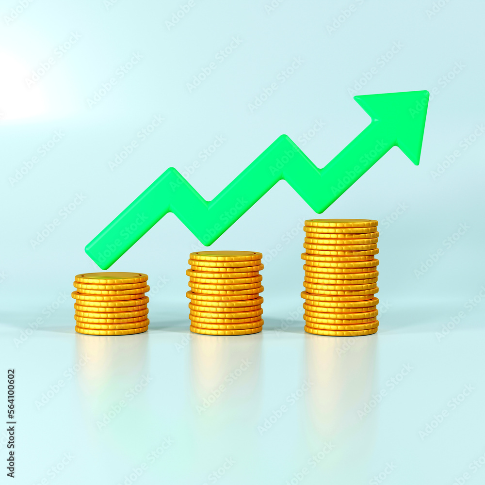 minimal coin stacks growing graph on blue background, business investment and saving money concept. 3d render illustration. minimal coin stacks growing graph on blue background, business investment and saving money concept. 3d render illustration.