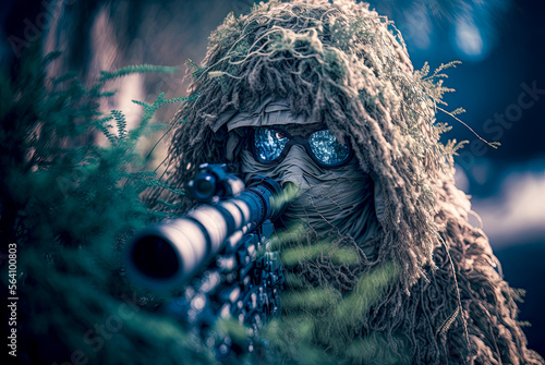 Sniper in a ghillie suit. Generative AI photo