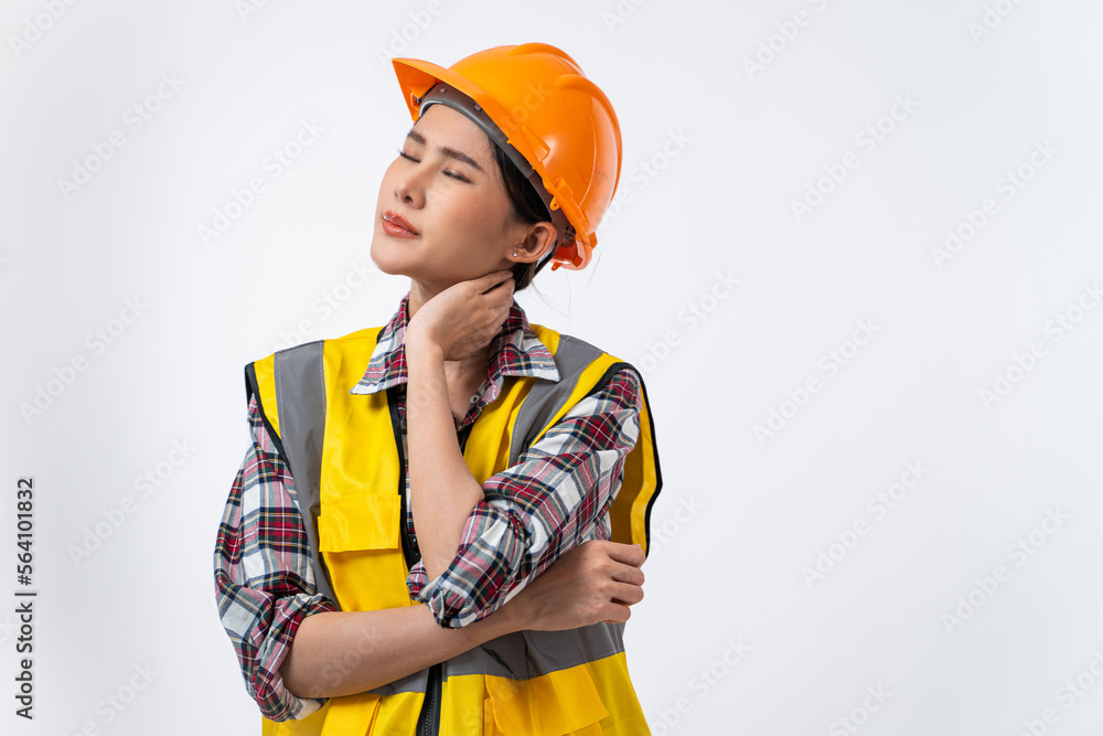 Asian woman engineer with safety helmet and having neck pain isolated on white background. Asian woman engineer with safety helmet and having neck pain isolated on white background.