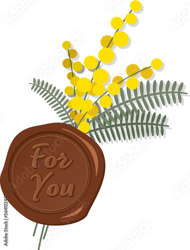 茶色のシーリングスタンプ「For You」とミモザのデコレーションパーツ