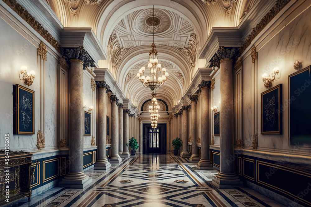 Grand Luxurious Corridor with Marble, Wood and Bright Lighting, Generative AI