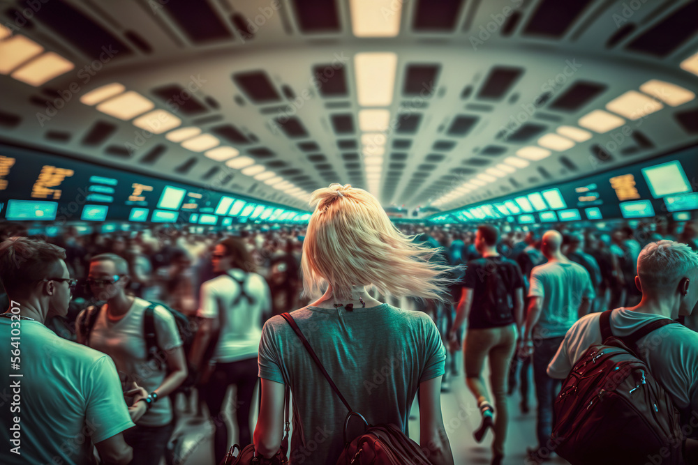Blonde woman walking through airport crowd, Generative AI Blonde woman walking through airport crowd, Generative AI