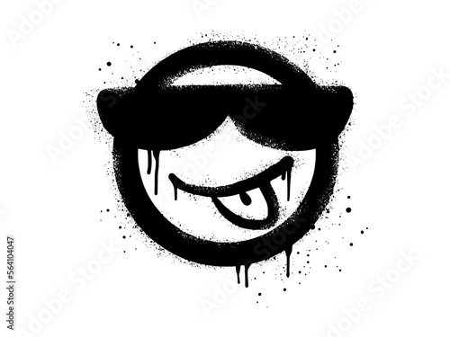 Smiling face and Tongue out emoticon character with sunglasses. Spray painted graffiti smile face in black over white. isolated on white background. vector illustration