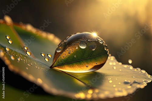 macro view of a water drop on a green leaf with sun light shine. Generative AI. 