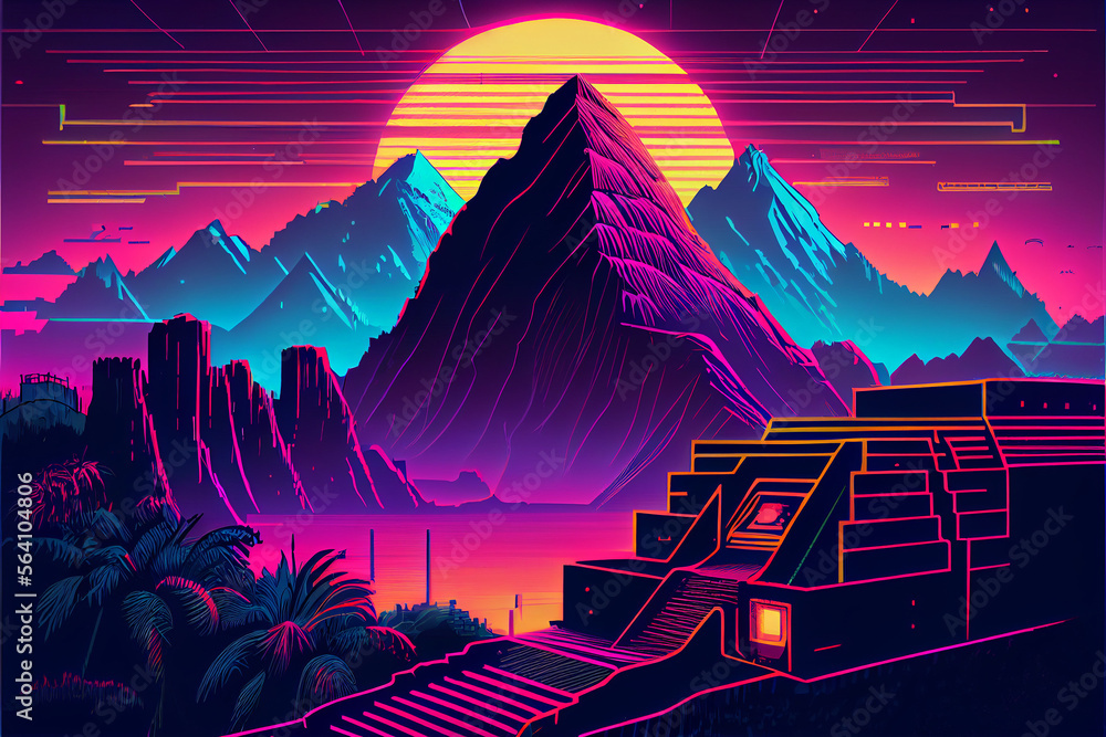 Machu Picchu Background Illustration cyberpunk. Generative Ai.