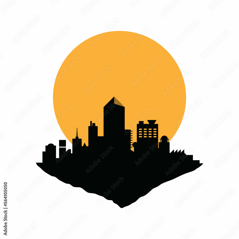 city skyline silhouette,City view of island floating in the air silhouette cartoon style. island city floating in the air Building, office, resident, bridge shadow view on sunrise or sunset. Orange 