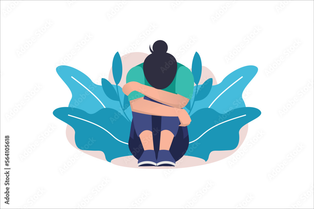 Depressed sad lonely woman in anxiety, sorrow vector cartoon illustration. Loneliness concept of depression with stressed girl sitting and holding her knees need psychotherapy help, - obrazy, fototapety, plakaty 