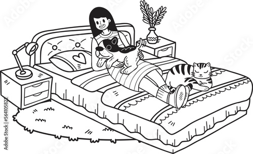 Hand Drawn owner is sleeping with the dog and cat in the room illustration in doodle style