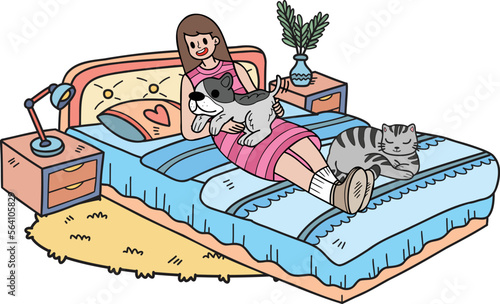 Hand Drawn owner is sleeping with the dog and cat in the room illustration in doodle style