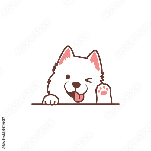 Funny samoyed dog winking eye and waving paw cartoon, vector illustration