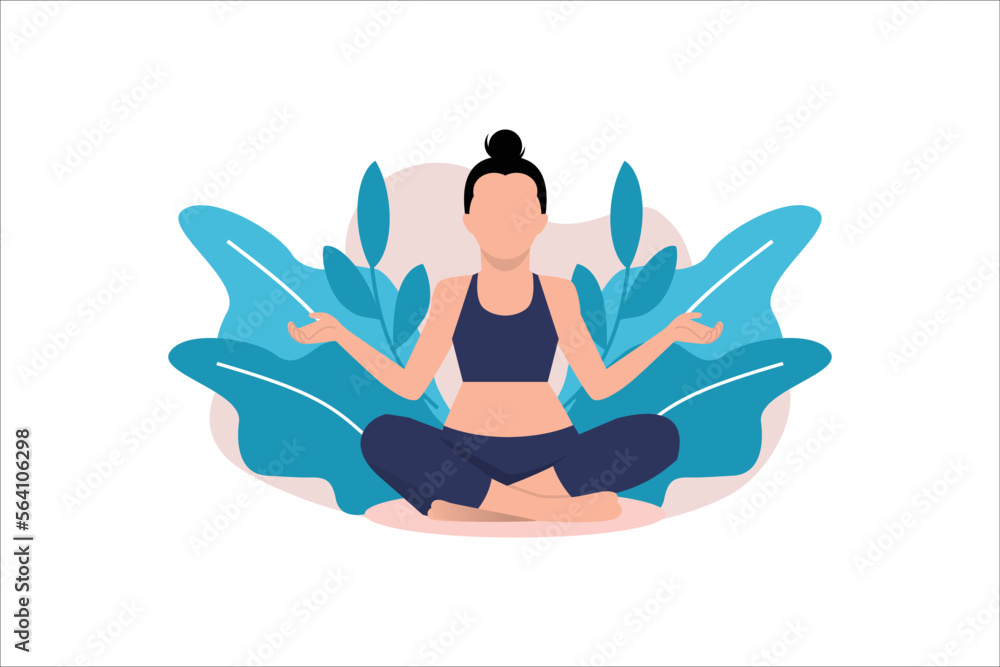 a woman makes yoga and meditation. health care. Illustration in flat style.